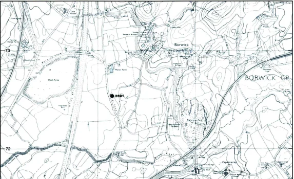 Map showing approximate site of cairn, Manor Farm, Borwick, now destroyed