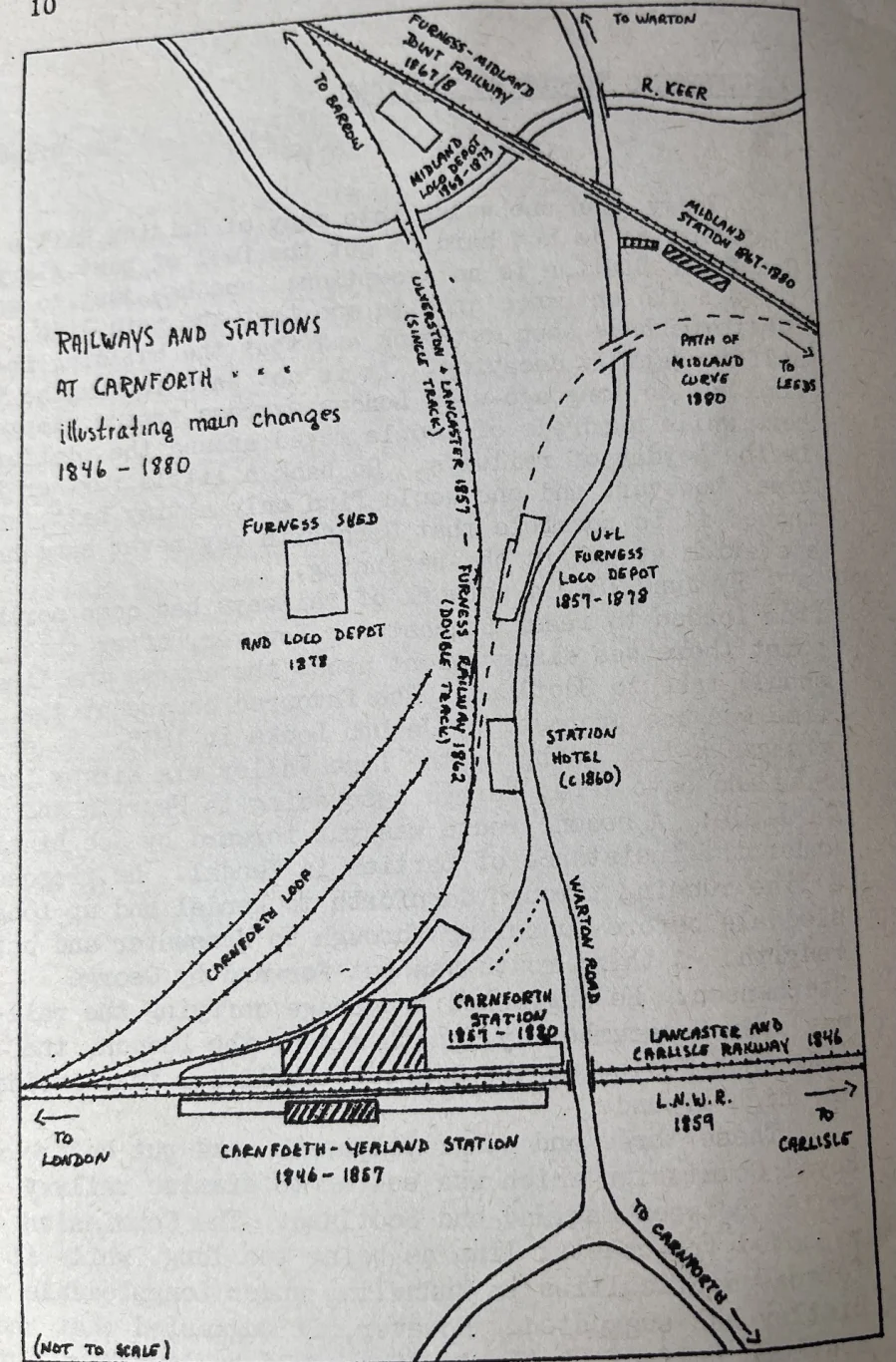 Hand drawn map of Carnforth station and adjoining roads and buildings

