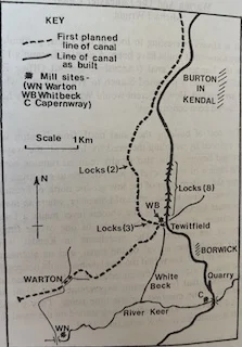Handrawn map of the planned route for the canal from Rennie's 1792 plan, compared with the route as later built